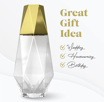American Atelier 37 oz Fifth Avenue Modern Geometric Bedside Water Carafe with Tumbler Lid – 9" Glass Pitcher with Gold Accent for Nightstand, Guest Room & Office Drinkware (Gold)