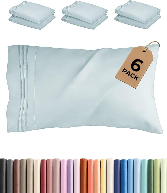King Pillow Cases Set of 6 - Ultra Soft Hotel Quality Pillowcase Covers - Comfy & Wrinkle Free - Shrink, Stain & Fade Resistant - Easy-Care, Machine Washable Pillow Protectors - 6 Piece Set - Ice Blue