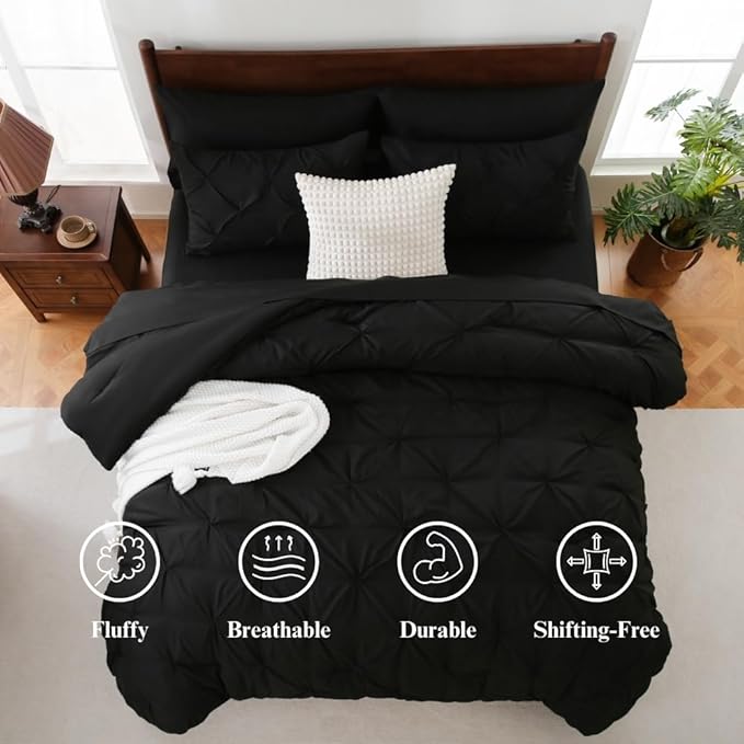Sheet&Joy Full Size Comforter Set,7-Piece Bed in a Bag Double, Pintuck Bedding Set for All Season, Includes Comforter, Flat Sheet, Fitted Sheet, Pillowcases and Pillowshams, Black