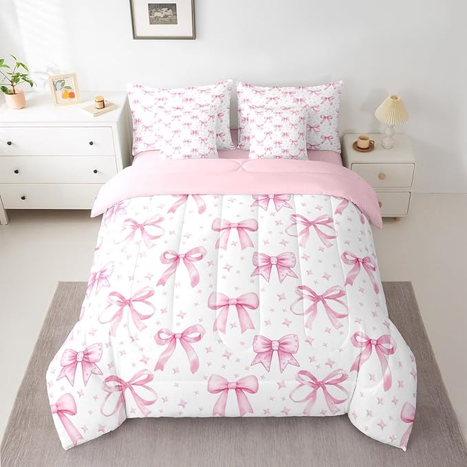 Erosebridal Starry Cute Pink White Bow Girls King 7-Piece Comforter Set | Kawaii Bow Girly Stripe Sheets and Pillowcases Ribbon Kids Women Bed in A Bag Plaid Checkered Bed Sets