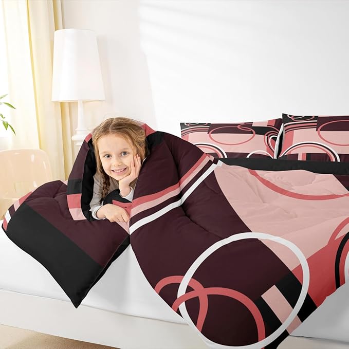 Retro Swirls Bedding Sets Queen Geometric Circles Square Comforter For Kids Girls Teens Red Black Grey Duvet Set Vintage Graphic Patchwork Quilted Comforter Soft Microfiber Bedding Comforter Sets