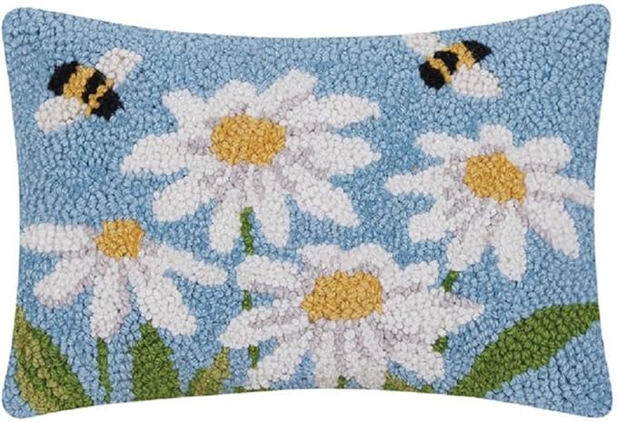 Peking Handicraft Daisies & Bees Hook Pillow, 12-inch Height, Wool and Poly Velvet, Home, Home Décor