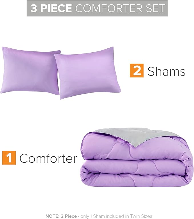 Comfort Spaces Vixie Reversible Comforter Set - Trendy Casual Geometric Quilted Cover, All Season Down Alternative Cozy Bedding, Matching Sham, Lavender/Gray, Full/Queen 3 piece