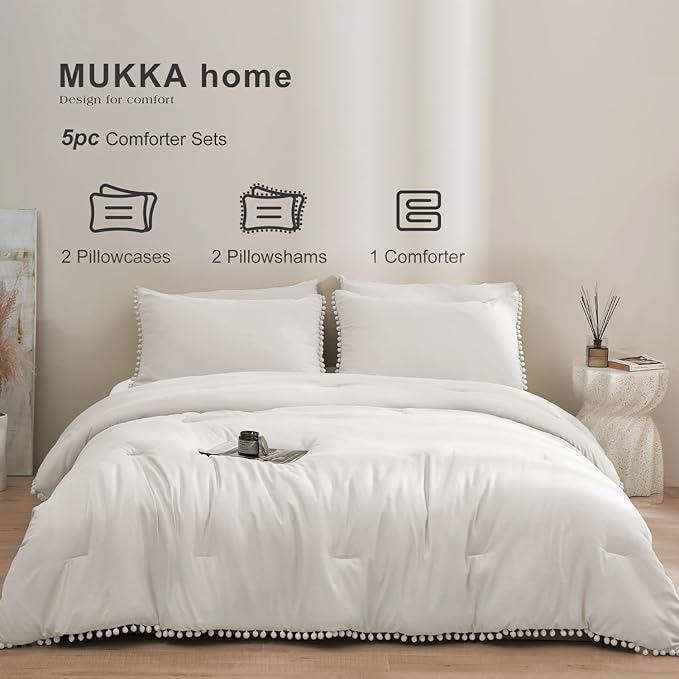MUKKA King Comforter Set 5-Piece King Size White, Boho Pom Pom Fringe Comforter Sets Ivery, Soft Microfiber Bedding Comforter Set White with 2 Pillowcases,2 Pillowshams