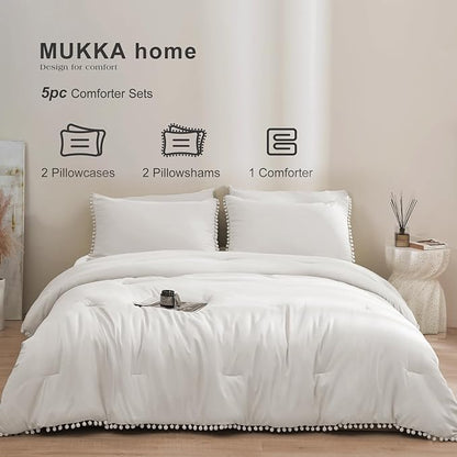 MUKKA Queen Comforter Set 5-Piece Queen Size White, Boho Pom Pom Fringe Comforter Sets Ivery, Soft Microfiber Bedding Comforter Set White with 2 Pillowcases,2 Pillowshams