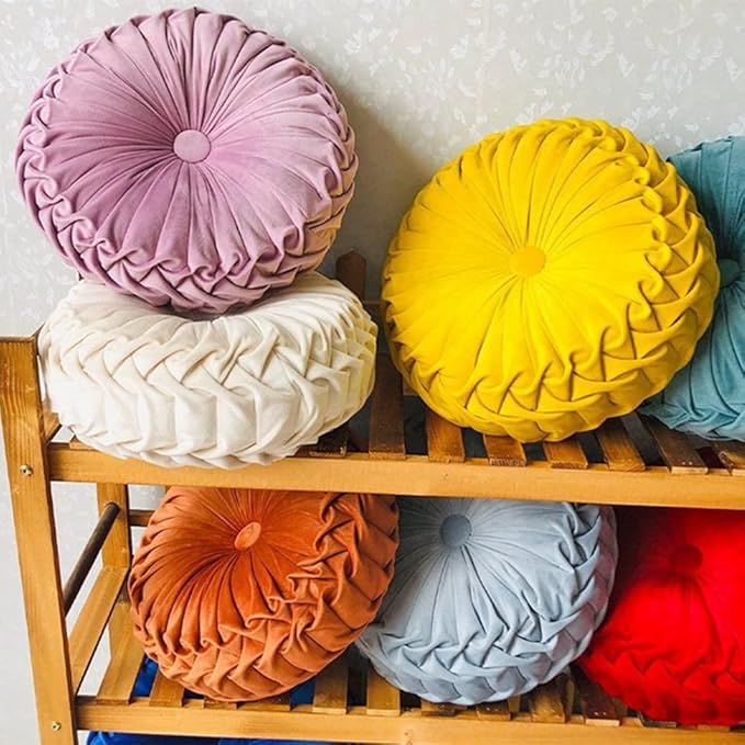 NatureMan 13.7 inch Round Sofa Cushion Pure Color Velvet Home Decor, Pleated Round Cushion, Pumpkin Pillow Suitable for Home Bed car Decoration (Light Purple)