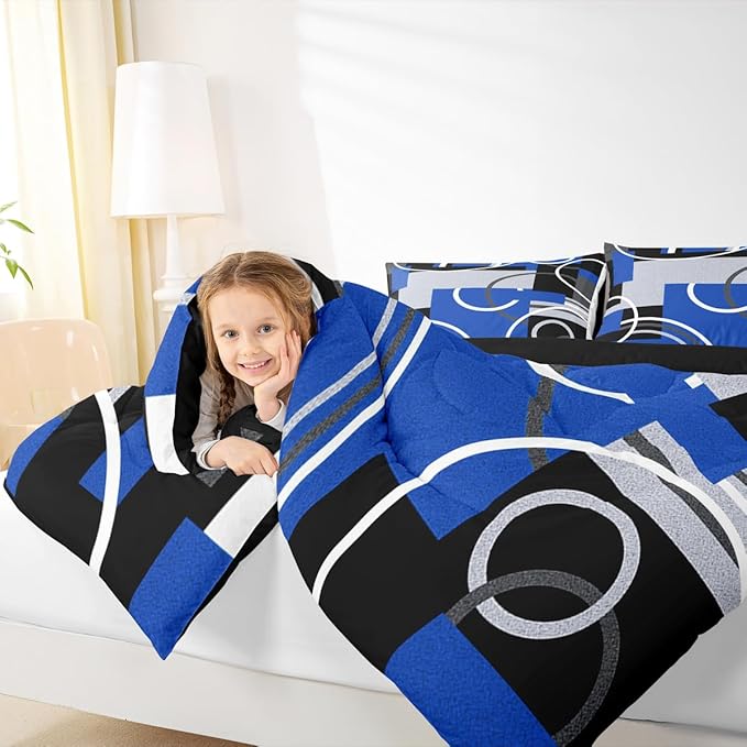 Royal Blue Black Grey Bedding Sets King Swirls Spiral Comforter Set Abstract Gromment Stripes Quilt Bedroom Decor Geometric Plaid Bedding Modern Graphic Artwork Quilted Comforter All Season