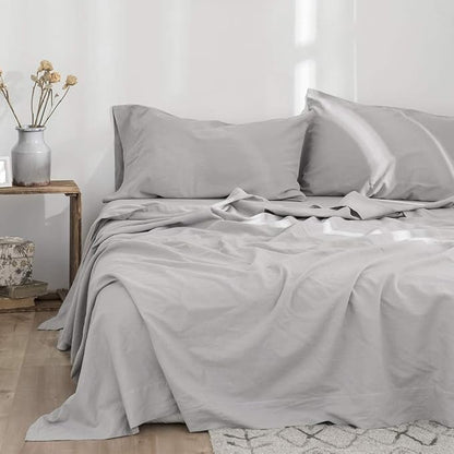 Simple&Opulence Belgian Linen Sheet Set Solid Color - 3 Pieces (1 Flat Sheet, 1 Fitted Sheet & 1 Pillowcase) Natural Flax Cotton Blend Soft Breathable Farmhouse Bedding - Twin Size, Grey