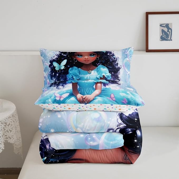 Pretty Girl Bedding Sets Full Size,Dreamy Fairy Princess Style Cute Reversible Comforter Set Breathable Polyester Quilt Set,Butterfly African Style Blue Black Duvet Insert,2 Pillowcases