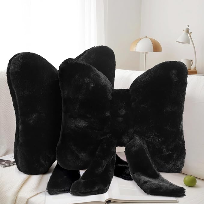 2 PCS Black Bow Pillow, Soft Bow Decorative Pillows with Faux Fur, Cute 12" Bow Throw Pillows, Aesthetic Home Decor Bow Shaped Plush Pillow for Bedroom Sofa Couch
