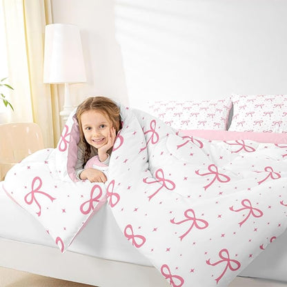 Erosebridal Pink Bow Girls Bedding Set King Coquette Bows Comforter Set for Teen Girls Kids Women Bedroom Ribbon Bowknot Comforter Girly Preppy Dreamy Princess Quilt Duvet