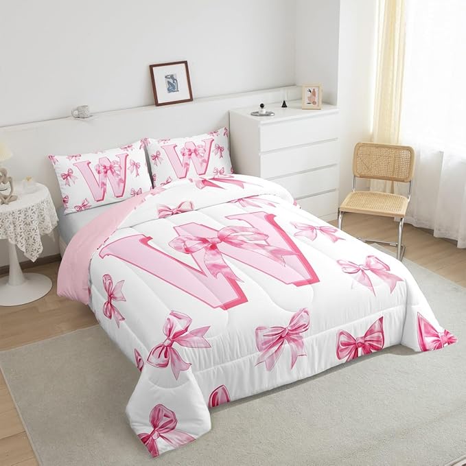Erosebridal Pink Bowknot Toddler Bedding Set for Girls,Initial Letter W Comforter Set for Kids Teen Women,Pink Watercolor Monogrammed Bedding Comforter Sets Dreamy Princess Bow Quilt Duvet Room Decor