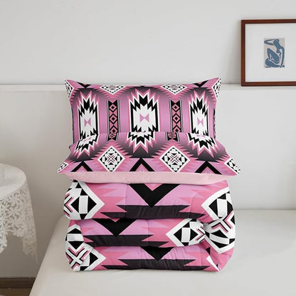 Feelyou Pink Western Comforter Set Southwest Native Tribal King Size Bedding Set for Kids Boys Girls Geometric West Comforter Soft Microfiber Boho Bedroom Decor