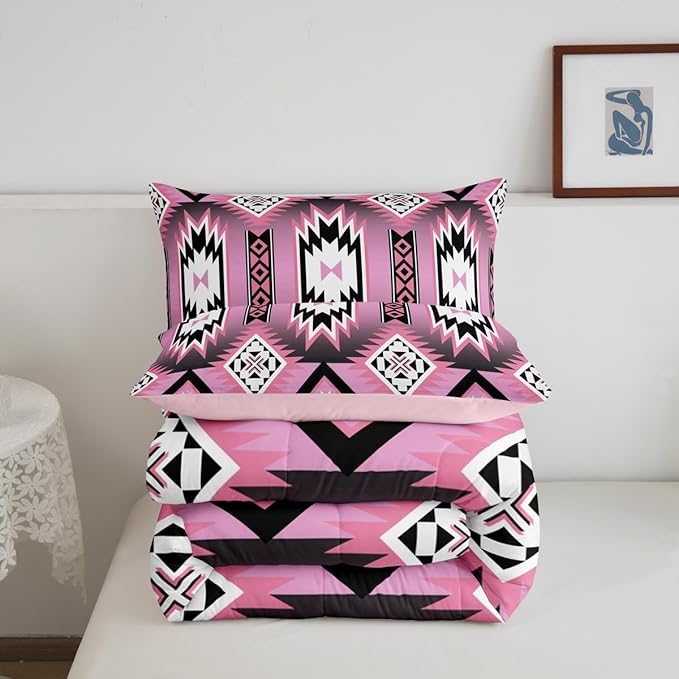 Feelyou Pink Western Comforter Set Southwest Native Tribal Toddler Size Bedding Set for Kids Boys Girls Geometric West Comforter Soft Microfiber Boho Bedroom Decor
