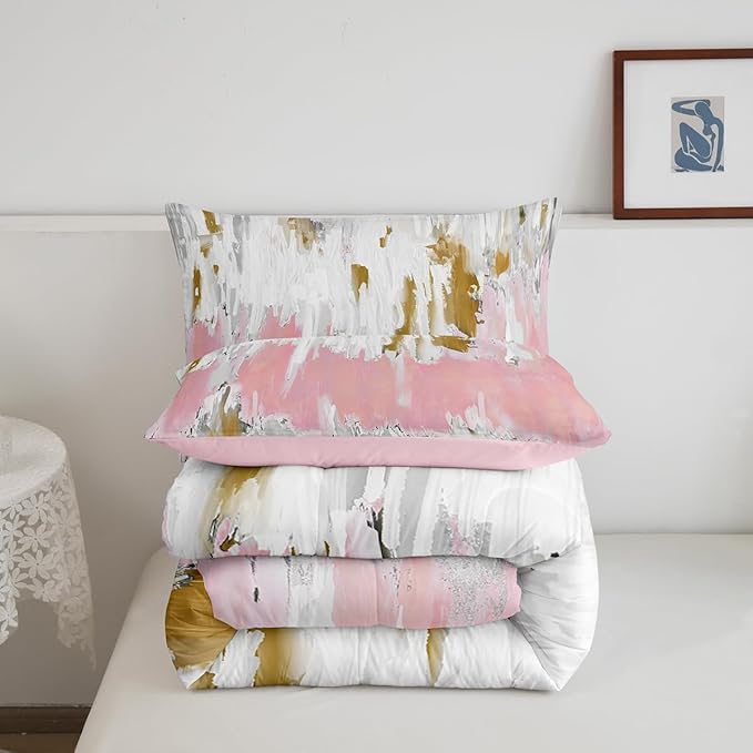 Erosebridal Girly Pink Comforter King Oil Painting Stripe Bedding Set, Brush Marks Contemporary Ombre Down Comforter Watercolor Graffiti Bed Set, Aesthetic Modern Quilted Duvet