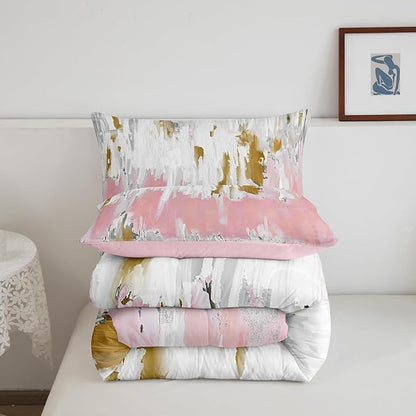 Erosebridal Girly Pink Comforter King Oil Painting Stripe Bedding Set, Brush Marks Contemporary Ombre Down Comforter Watercolor Graffiti Bed Set, Aesthetic Modern Quilted Duvet