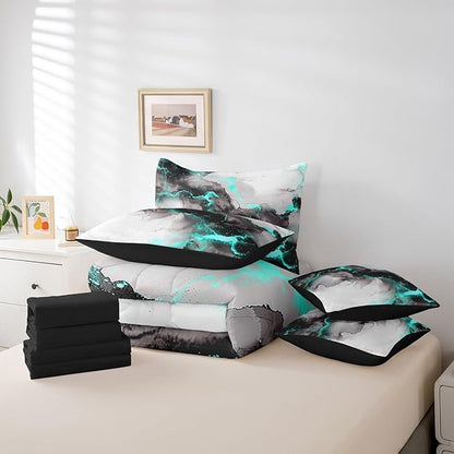Erosebridal Black and Grey Teal Bed in a Bag 7pcs Marble Aesthetic Bedding Set, Modern Marbling Twin Size Comforter Set Watercolor Foil Print Bedding Comforter Sets, Stone Pattern Bed Set