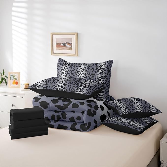 Erosebridal Blue Grey Cheetah Ombre Fur King 7-Piece Comforter Set | Leopard Print Sheets and Pillowcases Women Men Adults Bed in A Bag Wild Animal Skin Pattern Bed Sets