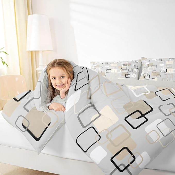 Erosebridal Minimalist Geometric Square Bedding Set King Mid-Century Plaid Comforter Set for Kids Girls Boys Neutral Gray Beige Abstract Down Comforter Modern Checkered Quilt Duvet