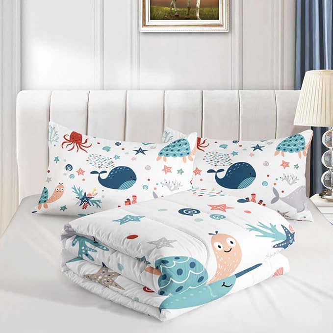 Kids Turtle Comforter Set Queen Beach Theme Dolphin Starfish Seaweed Bedding Set Sea Animal Octopus Reptile Bed Set with 2 Pillowcases for Boys Girls Room Decor