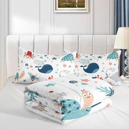 Kids Turtle Comforter Set Twin Beach Theme Dolphin Starfish Seaweed Bedding Set Sea Animal Octopus Reptile Bed Set with 2 Pillowcases for Boys Girls Room Decor