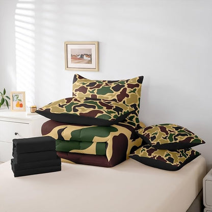 Erosebridal Camouflage Military 7 Piece Bedding Set Full Duck Hunting Comforter Set with Sheets Farmhouse Woodland Bed in a Bag Camo Huner Bed Sets Comforter