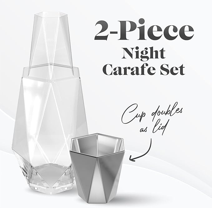 American Atelier 37 oz Fifth Avenue Decorative Bedside Water Carafe & Tumbler with Lid – 9" Silver Glass Pitcher Set for Nightstand, Guest Room, Office & Bedroom Hydration, Elegant Drinkware (Silver)