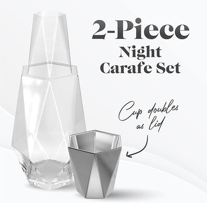 American Atelier 37 oz Fifth Avenue Decorative Bedside Water Carafe & Tumbler with Lid – 9" Silver Glass Pitcher Set for Nightstand, Guest Room, Office & Bedroom Hydration, Elegant Drinkware (Silver)