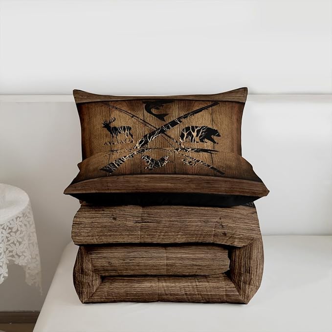 Erosebridal Rustic Farmhouse Bedding Sets Retro Camo Cabin Lodge Comforter Set Full Hunting and Fishing Bedding Comforter Sets for Boys Adults Men Wildlife Bear Deer Fish Duck Quilt Set 3 Pcs