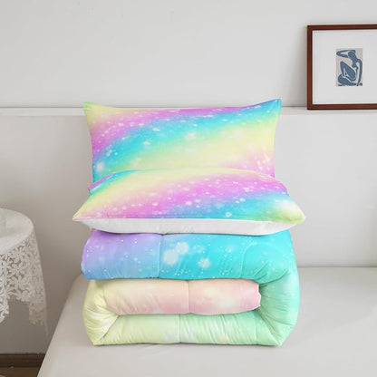 Feelyou Rainbow Comforter Set Toddler, Tie Dye Pastel Bedding Set Stars Glitter Comforter for Kids Colorful Stripes Bedspread C Room Decor with 1 Pillow Case