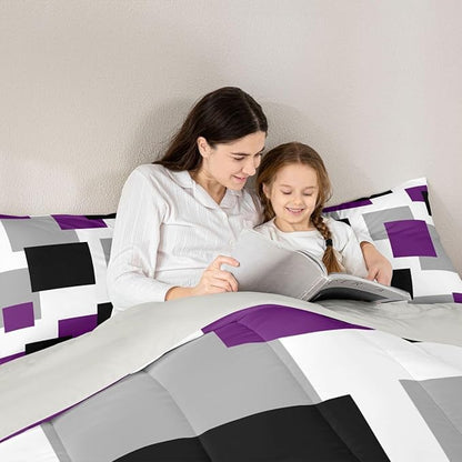 Castle Fairy Geometric Square Splicing King Size Comforter/Duvet Set,Purple Black White Grid Ultra Soft Bed Collection,Modern Abstract Bedding for Room Decor 3 Pcs,Microfiber Breathable
