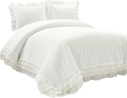 Lush Decor Ella Ruffle Lace 100% Cotton Duvet Cover, 3 Piece Set, King, White - Cute Duvet - King Bedding Set - Gray Bedding - Coquette Decor - Ruffle Trim - White Lace Trim