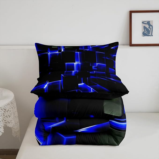 Erosebridal Abstract Comforter Set, Modern Geometric Grid Square Queen Bedding Sets, Blue Black Honeycomb Duvet Insert Soft Microfiber Polyester Bed Set for Kids Boys Bedroom