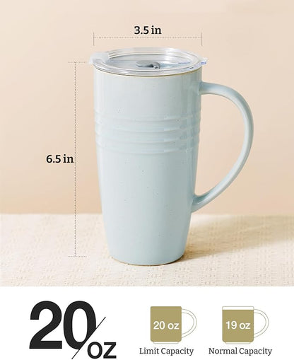 famiware Jupiter Large Coffee Mug, 20oz Coffee Mug with Lid, Ceramic Cup with Handle for Latte, Tea, Cocoa, Milk, Home & Office, Microwave and Dishwasher Safe, Light Blue