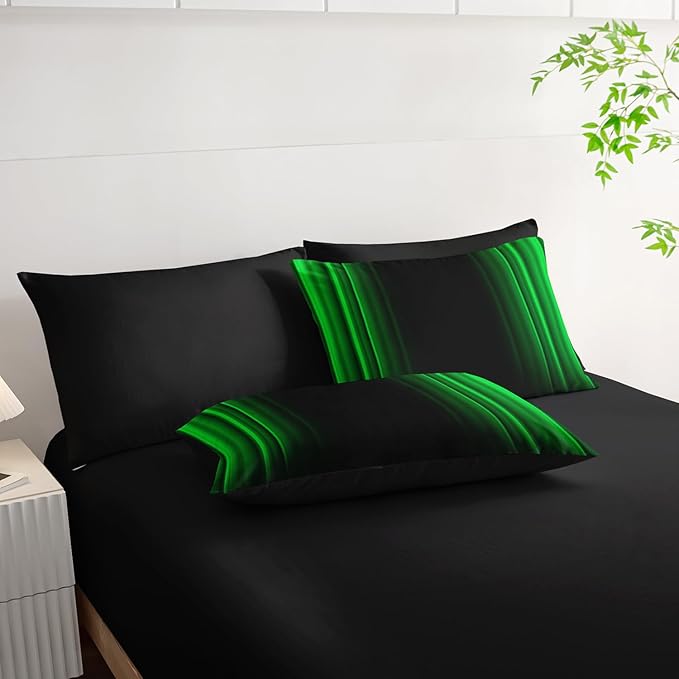 Green and Black Bedding Set Twin Size Abstract Ombre Comforter Set Bedding Set 7 Piece in A Bag,Dark Quilt Set Mordern Art Decor All Seasons with Pillowcases,Flat, Fitted Sheet