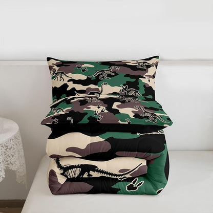 Erosebridal Army Camouflage Comforter Set King Size Camo Dino Bedding Set for Adutls Men Women 3D Vintage Hunting Theme Comforter Dinosaur Skeleton Farmhouse Green Quilt Bedroom Decor