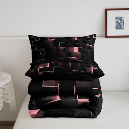 Erosebridal Pink and Black Comforter Set King Neon Geometric Checkered Bedding Set for Kids Girls Teen,Tereoscopic Grids Comforter Square Plaid Quilt Duvet Room Decor 3 Pcs