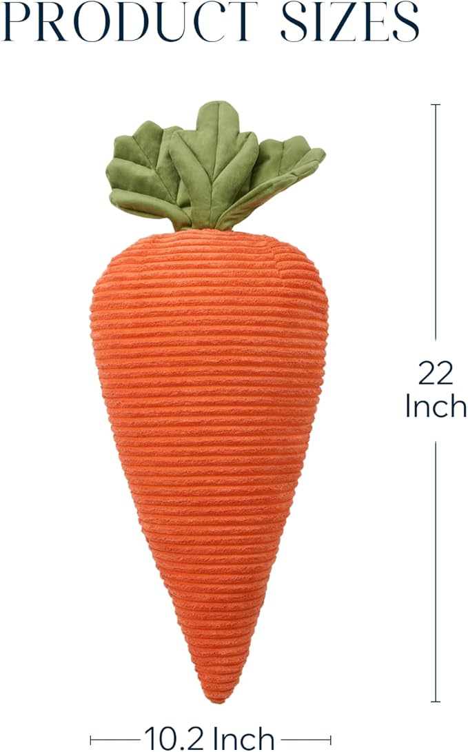 Phantoscope Fruit Shaped Pillows Series Happy Easter Carrot Shaped Pillow Fun Home Decor of Fruit Themed Cushion Corduroy Carrot with Leaves Decorative Pillow for Couch Bed, Orange, 22 x 10 inches