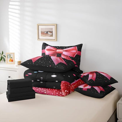 Erosebridal Bowknot 3D Black Pink Glitter Print King 7-Piece Comforter Set | Kawaii Cute Bow Sheets and Pillowcases Girly Kids Dreamy Ribbon Bed in A Bag Adults Women Bed Sets