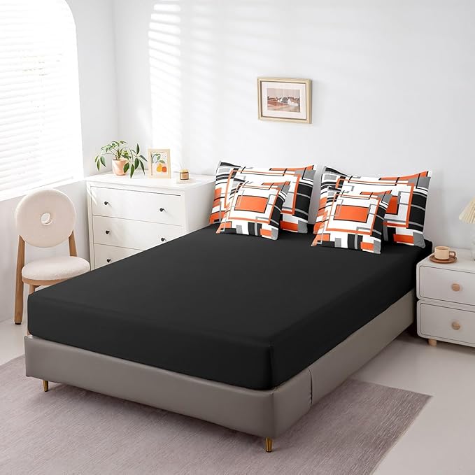 Erosebridal 7Pcs Orange White King Size Comforter Set,Modern Abstract Square Geometric Bed in A Bag,Boho Graffiti Striped Quilt,Minimalist Art Contemporary Bedding with Bed Sheets