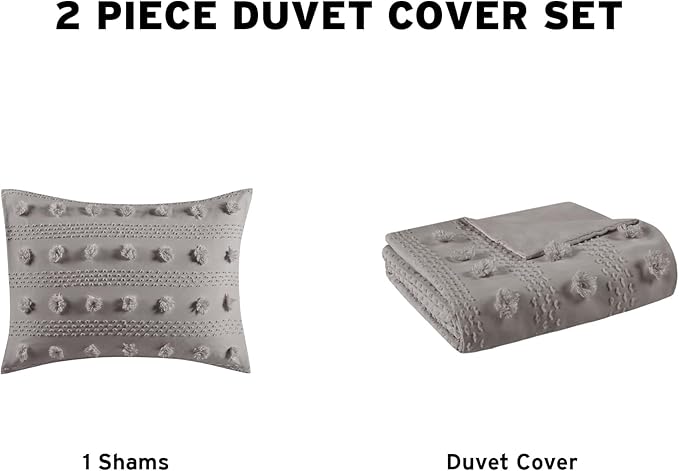Intelligent Design Twin Duvet Cover Set, Clipped Jacquard Duvet Set Chic Pompoms Accent, All Seasons Lightweight Microfiber Bed Cover for Comforter with 1 Sham, Lucy, Twin/Twin XL Grey 2 Piece
