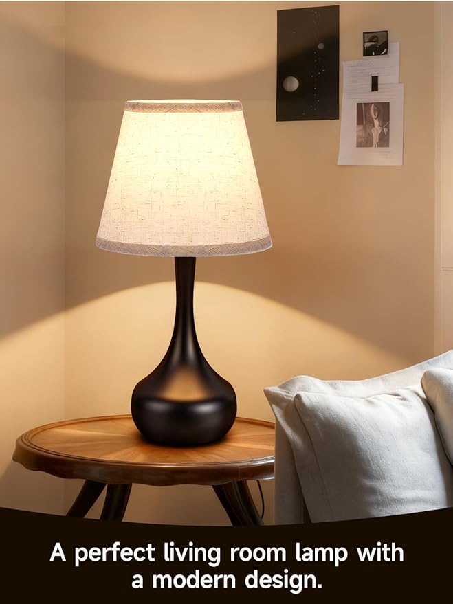 3-Way Dimmable Touch Table Lamps for Nightstand - Small Bedside Lamps with Fabric Shade in Black, Farmhouse Style Desk Lamp for Bedroom, Kids Room, Living Room, Home Office & Reading (Black)