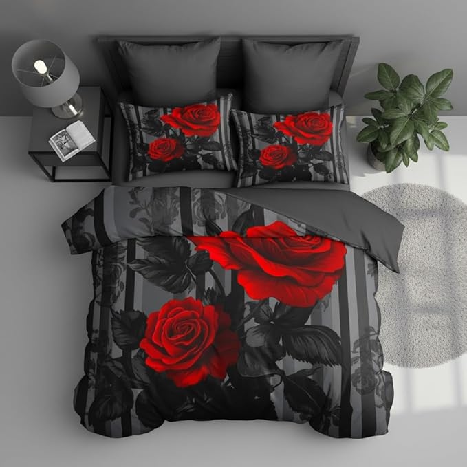 Black Red Comforter Set King Size Women Red Rose Bedding Set with Black Grey Stripe Background, Suitable for Gothic Vintage Decor, 2 Pillowcases, 3Piece