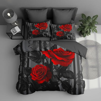 Black Red Comforter Set King Size Women Red Rose Bedding Set with Black Grey Stripe Background, Suitable for Gothic Vintage Decor, 2 Pillowcases, 3Piece