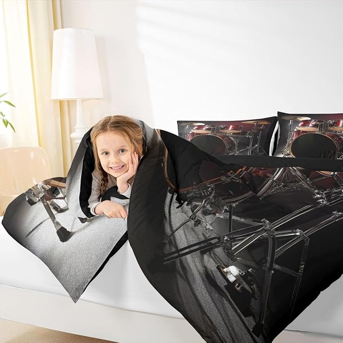 Erosebridal Drum Kit Comforter Set Twin Size Rock Music Theme Duvet Set for Kids Boys Girls Teens Musical Instrument Bedding Set Red Black Drum Kit Hip Hop Quilt Set for Decor Gift