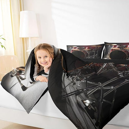 Erosebridal Drum Kit Comforter Set Queen Size Rock Music Theme Duvet Set for Kids Boys Girls Teens Musical Instrument Bedding Set Red Black Drum Kit Hip Hop Quilt Set for Decor Gift