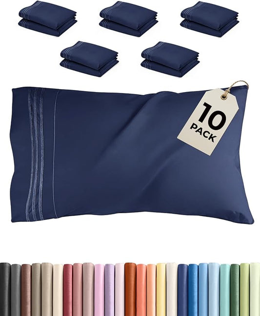 Queen Pillow Cases Set of 10 - Ultra Soft Hotel Quality Pillowcase Covers - Comfy, Cozy & Wrinkle Free - Shrink, Stain and Fade Resistant - Machine Washable Pillow Protectors - 10 Pcs Set - Navy Blue