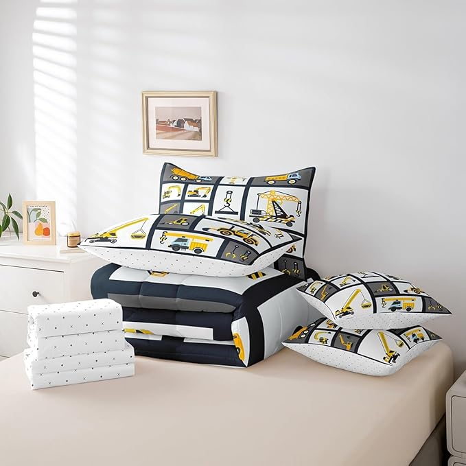 Feelyou Kids Construction Comforter Set King Size 7 Pcs Boys Construction Site Cars Comforter Bed in a Bag Trucks Excavators Bedding Set Child Tractors Bed Set with Sheets, Pillowcases, Pillow Covers