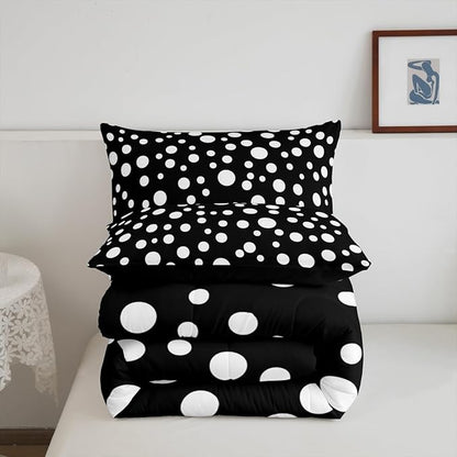 Manfei White Polka Dots Comforter Set Twin Size,French Style Cute Dots Print Bedding Set 2 Pcs for Boys Girls,Geometric Circles Black White Simple Comforter,1 Pillowcase