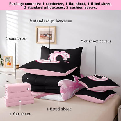 jejeloiu Kids Girls Black Pink Bow Comforter Set with Sheets Queen Size Monogrammed 7 Piece Bedding Set Personalized Initial C Bed in a Bag with Comforter,Sheets,Pillowcases Modern Fashion Bed Set